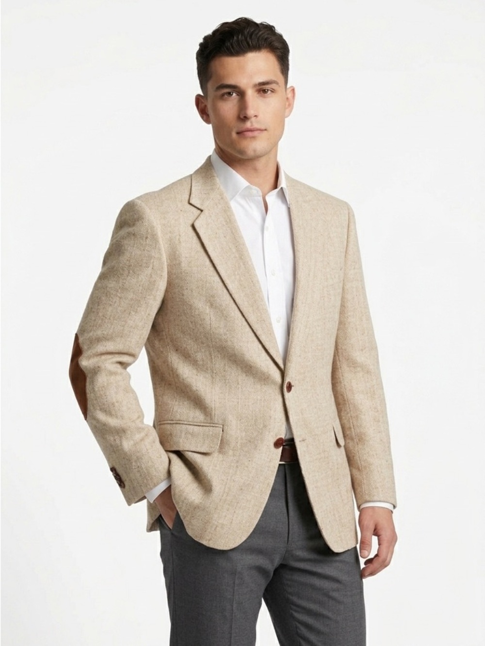 Orvis Vintage Suede Elbow Patch Blazer Hopsack Wool Blend Tan 46L - Picture 1 of 16